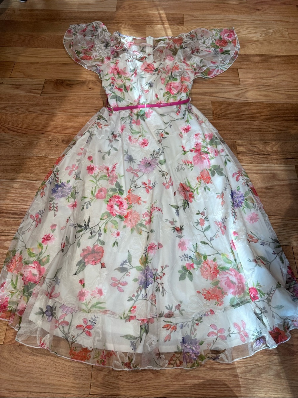 White Floral Party Dress with Pink Accents